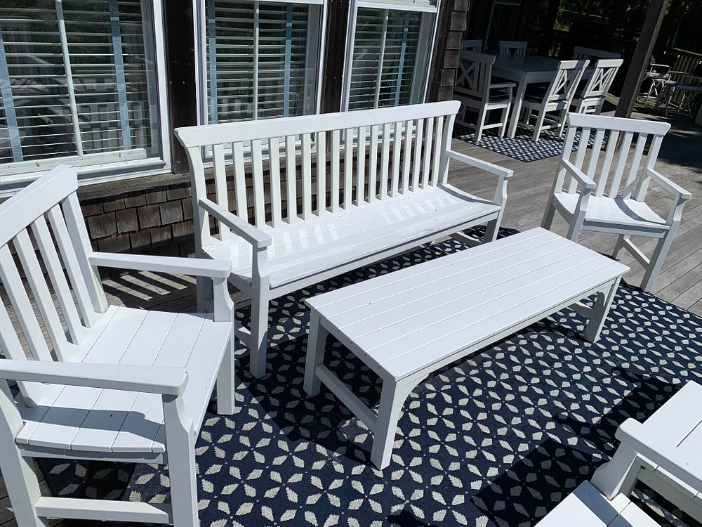 Appraisal: Weatherend Sofa Two Armchairs and Cocktail Table in White Yacht