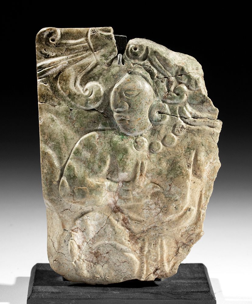 Appraisal: Maya Jade Relief w Lord Holding Cacao Staff - Bonhams