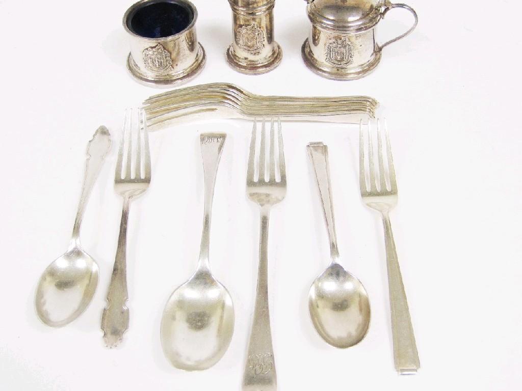 Appraisal: Six George VI Pastry Forks Sheffield three piece Condiment Set