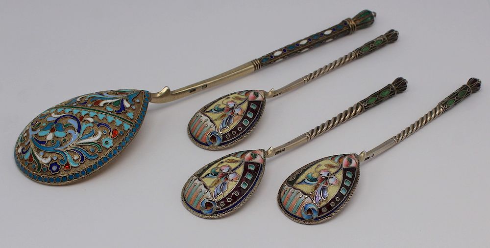 Appraisal: SILVER Russian Enamel Decorated Silver Spoons Includes a large Russian