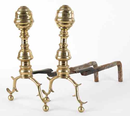 Appraisal: Pair of brass and iron andirons th c with turned