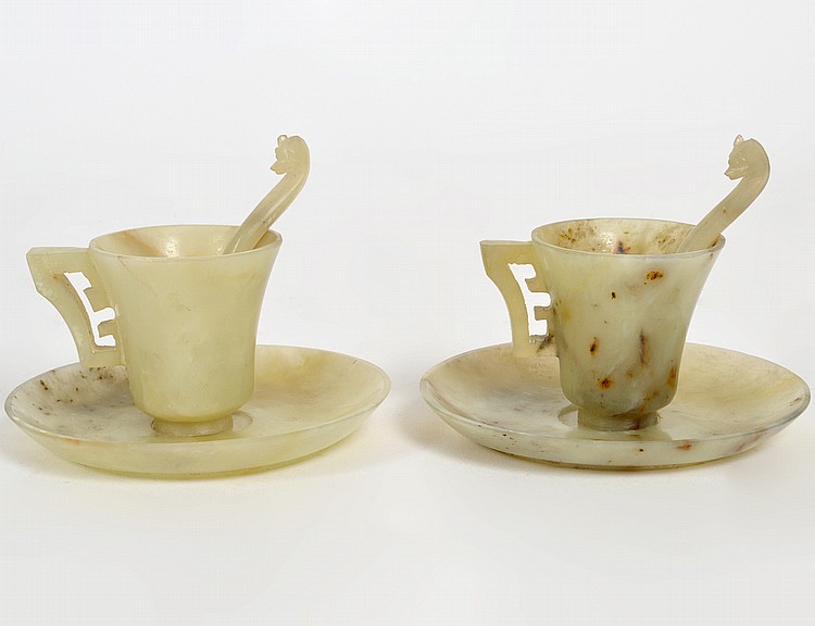 Appraisal: SET OF TWELVE CHIN JADE DEMITASSE CUPS SAUCERS SPOON -