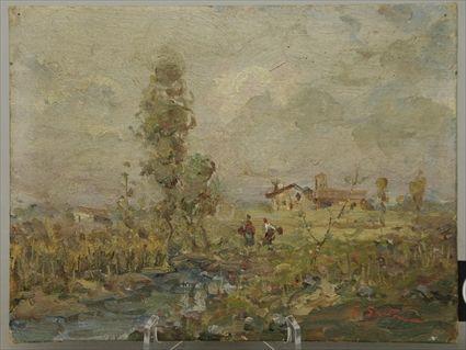 Appraisal: European School Farm Scene Oil on Artistboard Indistinctly Signed