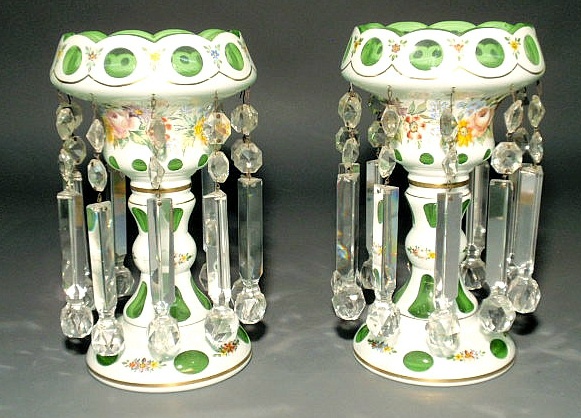 Appraisal: Pair of white-cut-to-lime green lusters with glass drop prisms h