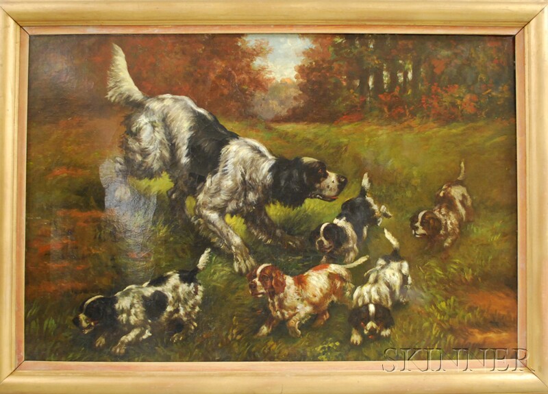 Appraisal: Anglo American School th Century Setter and Pups Unsigned Oil