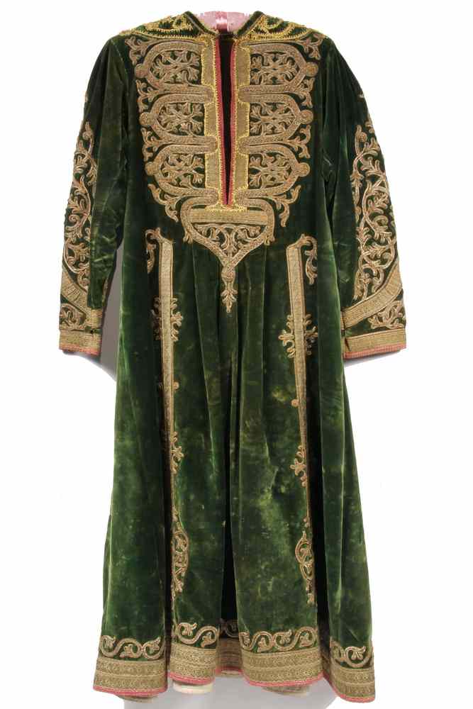 Appraisal: EARLY MOROCCAN ROBE - Bright Green Silk Velvet Man's Moroccan