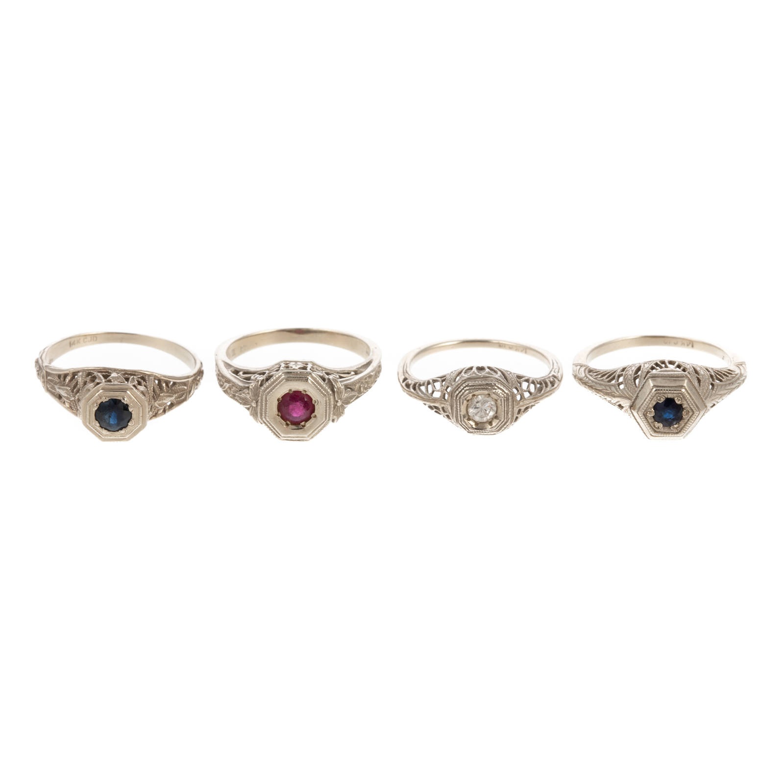 Appraisal: FOUR VINTAGE FILIGREE GEMSTONE RINGS IN K K white gold