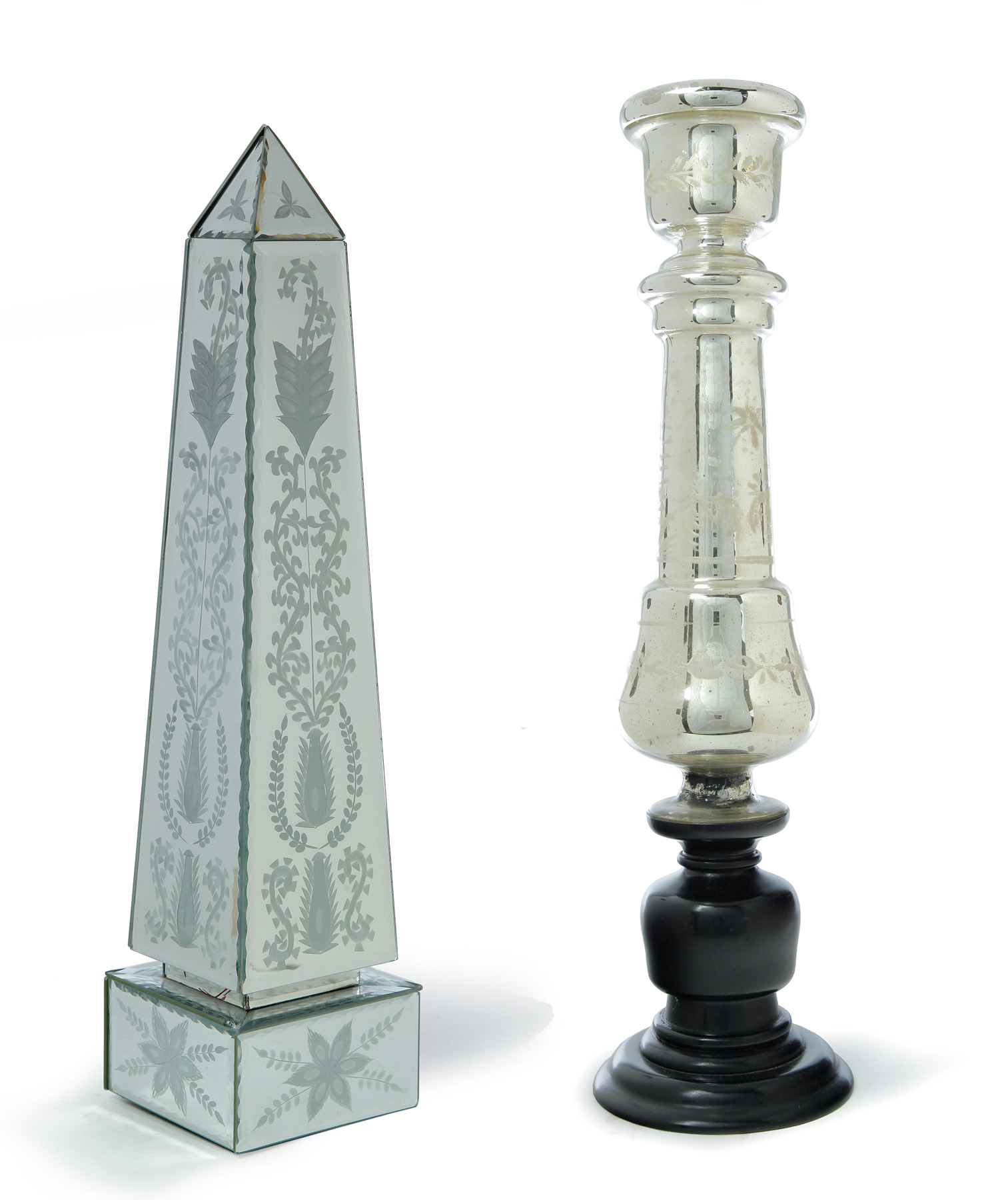 Appraisal: AMERICAN MERCURY GLASS CANDLE HOLDER AND MIRRORED OBELISK Late th-