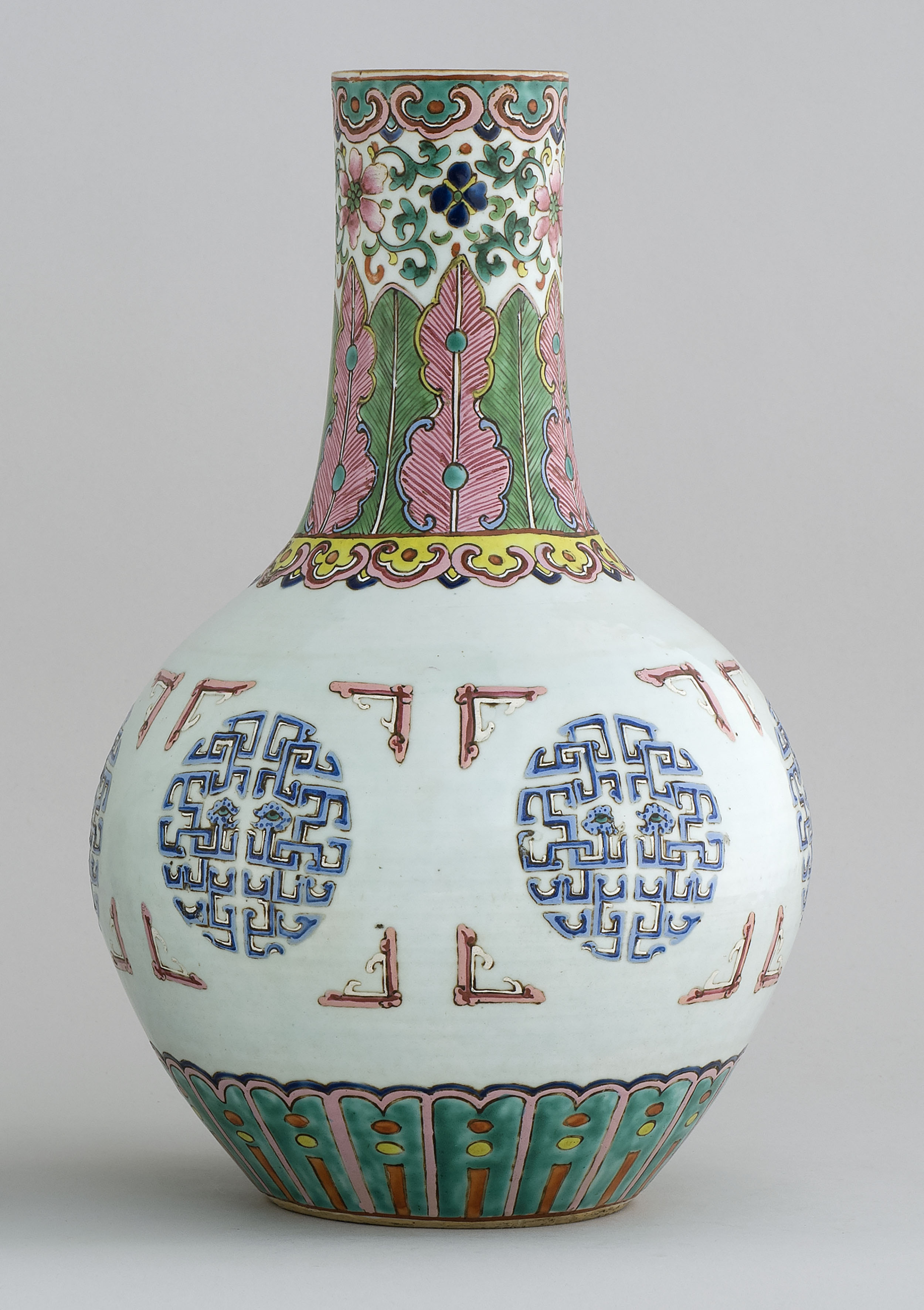 Appraisal: POLYCHROME PORCELAIN VASE th CenturyIn ovoid form with cylindrical neck