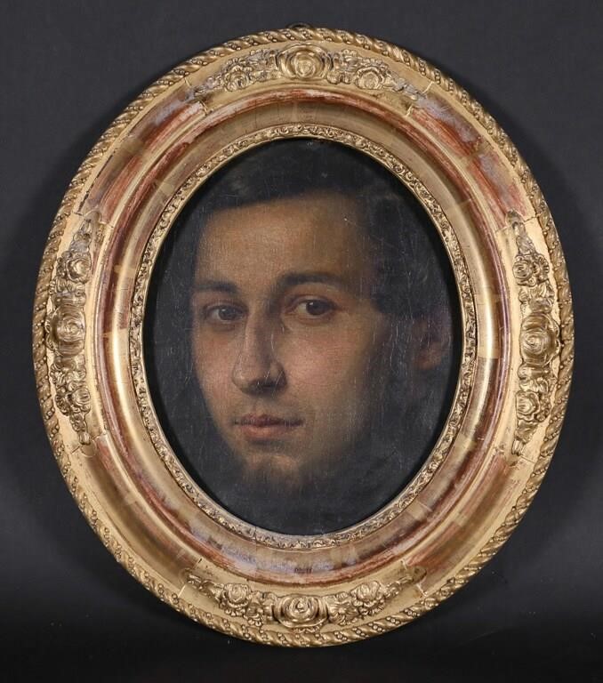 Appraisal: Oil on canvas fabric portrait of a man In gilt