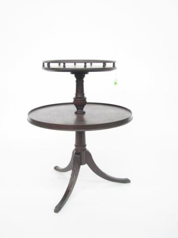 Appraisal: A vintage two-tiered English mahogany tea table with tripod pedestal