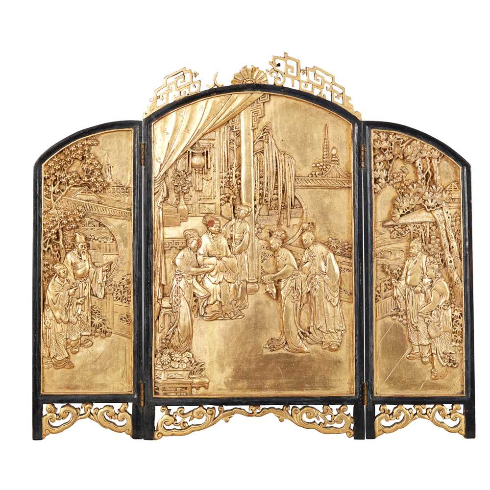 Appraisal: FUJIAN GILT-PAINTED CARVED WOODEN THREE-FOLD TABLE SCREEN all three panels