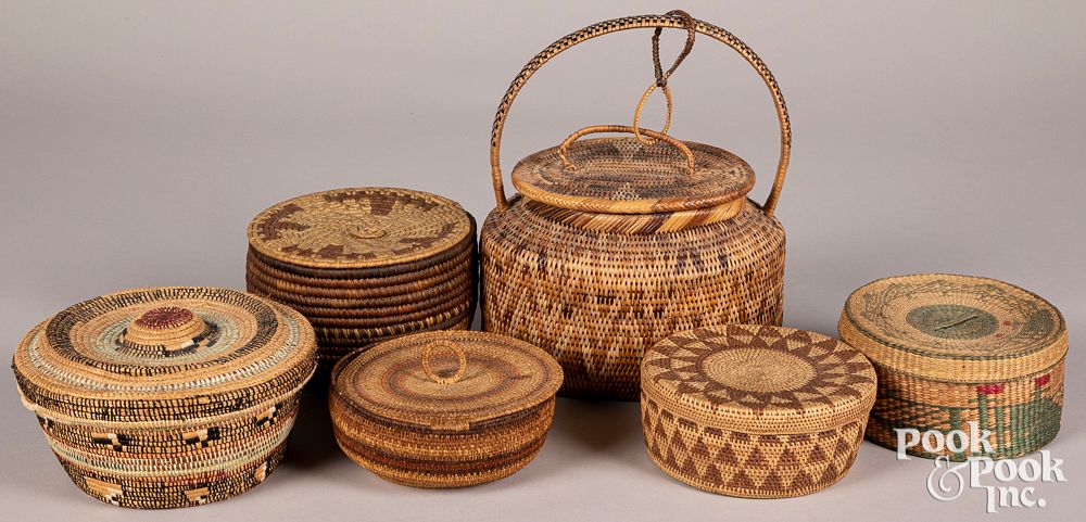 Appraisal: Six various tribal lidded baskets Six various tribal lidded baskets