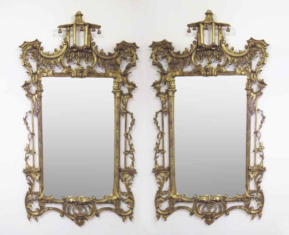 Appraisal: MATCHED PAIR ITALIAN GILT WOOD MIRRORS Surmounted by pagoda with