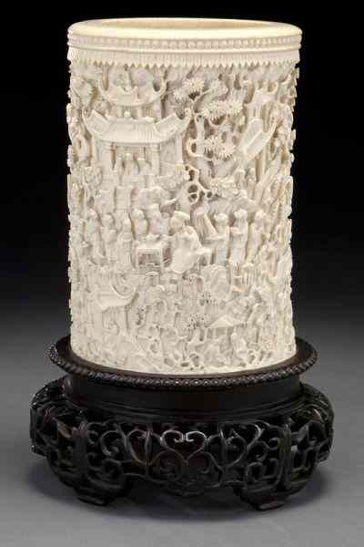 Appraisal: Chinese Qing carved ivory brush pot International shipping IS NOT