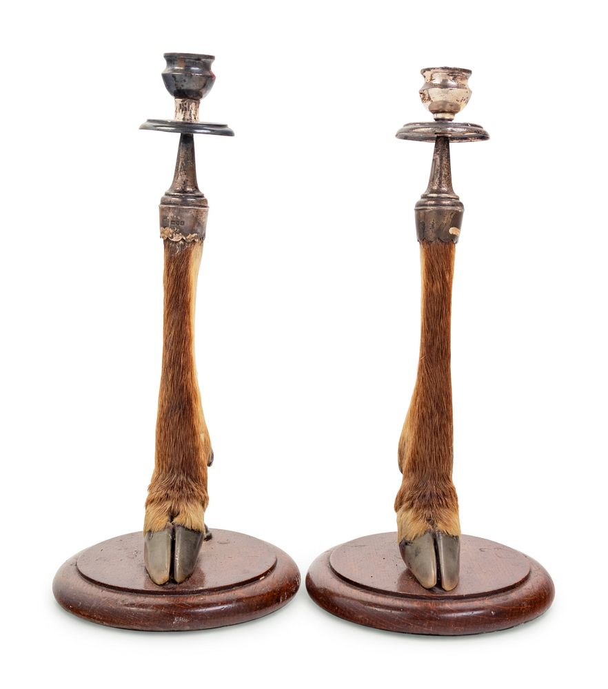 Appraisal: A Pair of English Silver Mounted Taxidermy Candlesticks A Pair