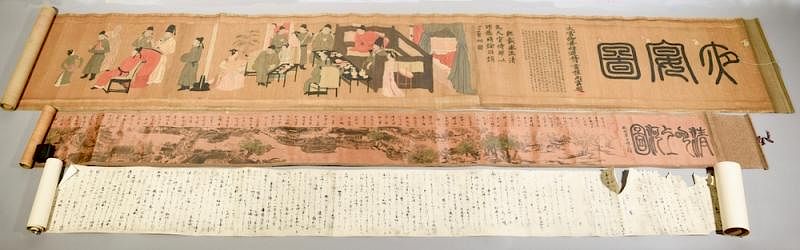 Appraisal: Chinese Panoramic Scrolls Group of three panoramic figural and landscape