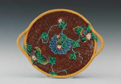 Appraisal: A Double Handle Basket and Strawberry Majolica Serving Dish Deeply