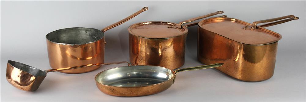 Appraisal: GROUP OF FIVE COPPER POTS AND A DIPPER with covers