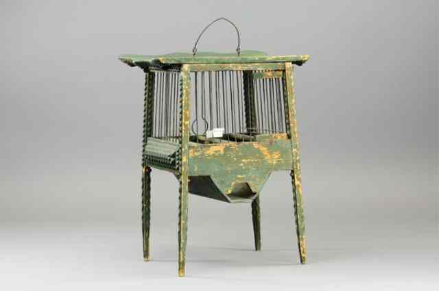 Appraisal: EARLY WOOD BIRD CAGE Painted in green overall tramp art