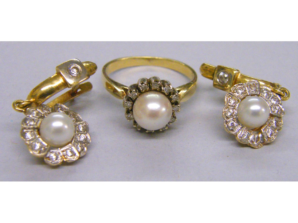 Appraisal: Gold pearl and diamond cluster ring size L together with