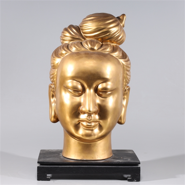 Appraisal: Large Chinese gilt wood Buddha head mounted on wooden base