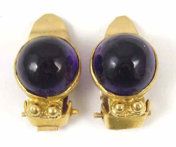 Appraisal: PAIR OF AMETHYST CABOCHON EARRINGS each k yellow gold clip