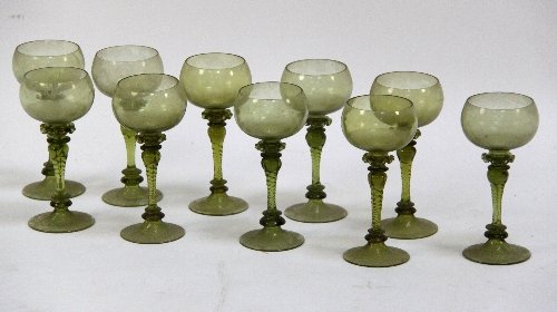 Appraisal: A set of ten sage green wine glasses each with