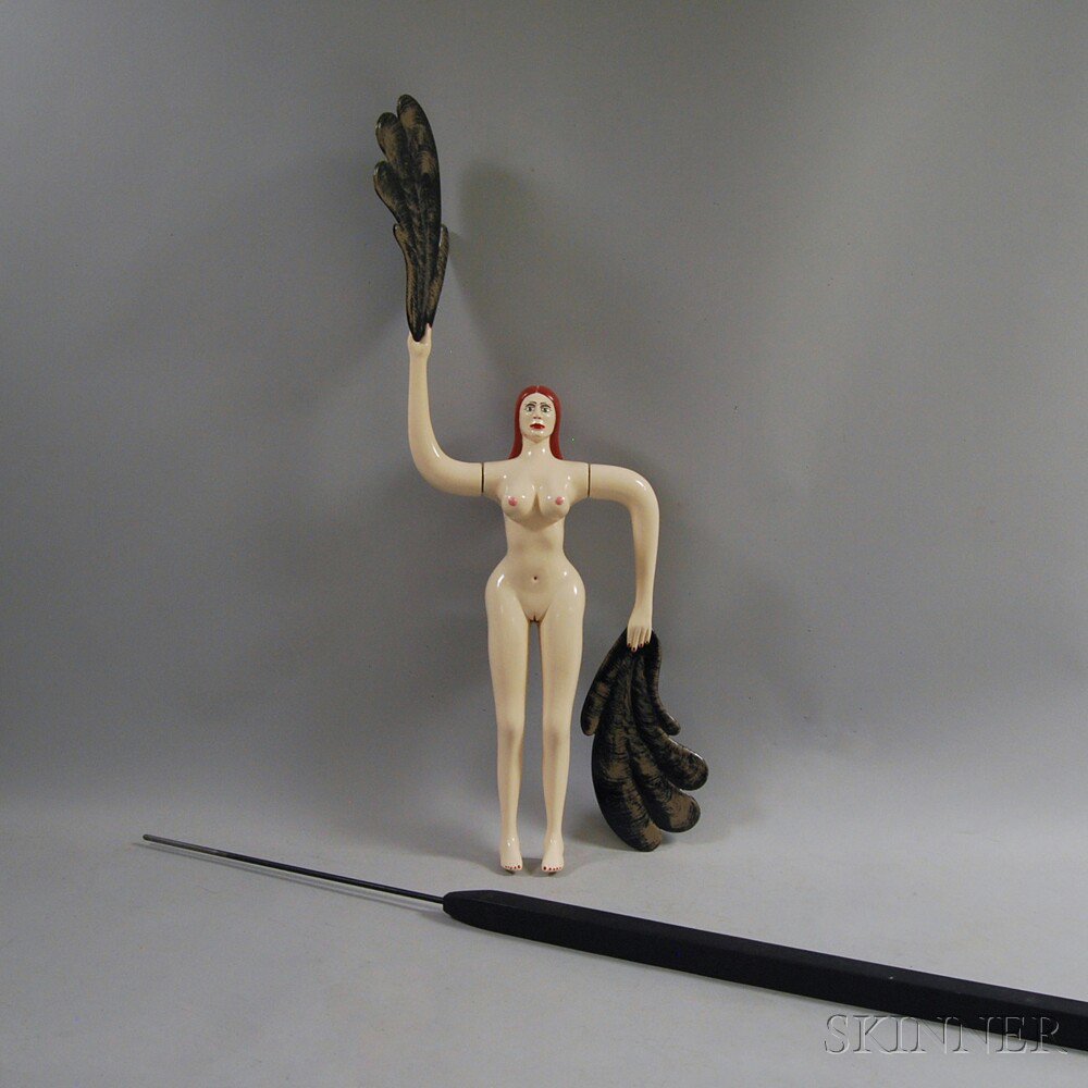 Appraisal: Folk Art Whirligig of a Nude Woman Holding Feather Fans