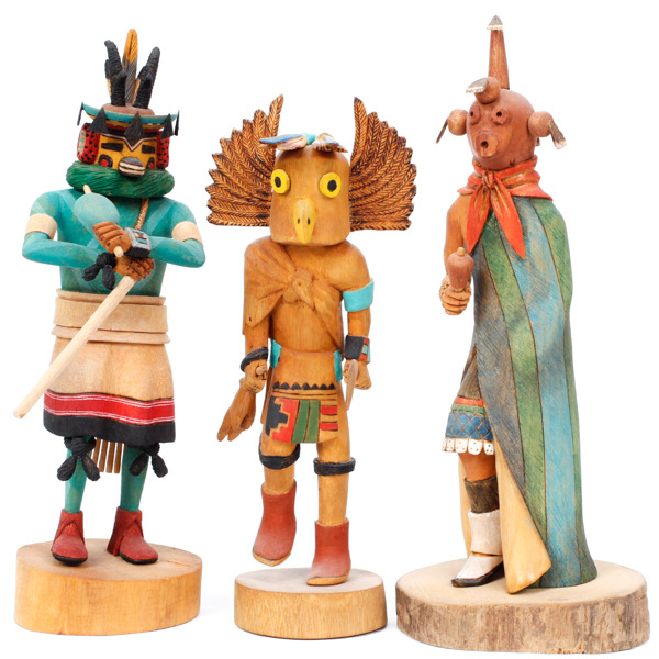 Appraisal: Group of three Native American Hopi carved wood Kachina dolls