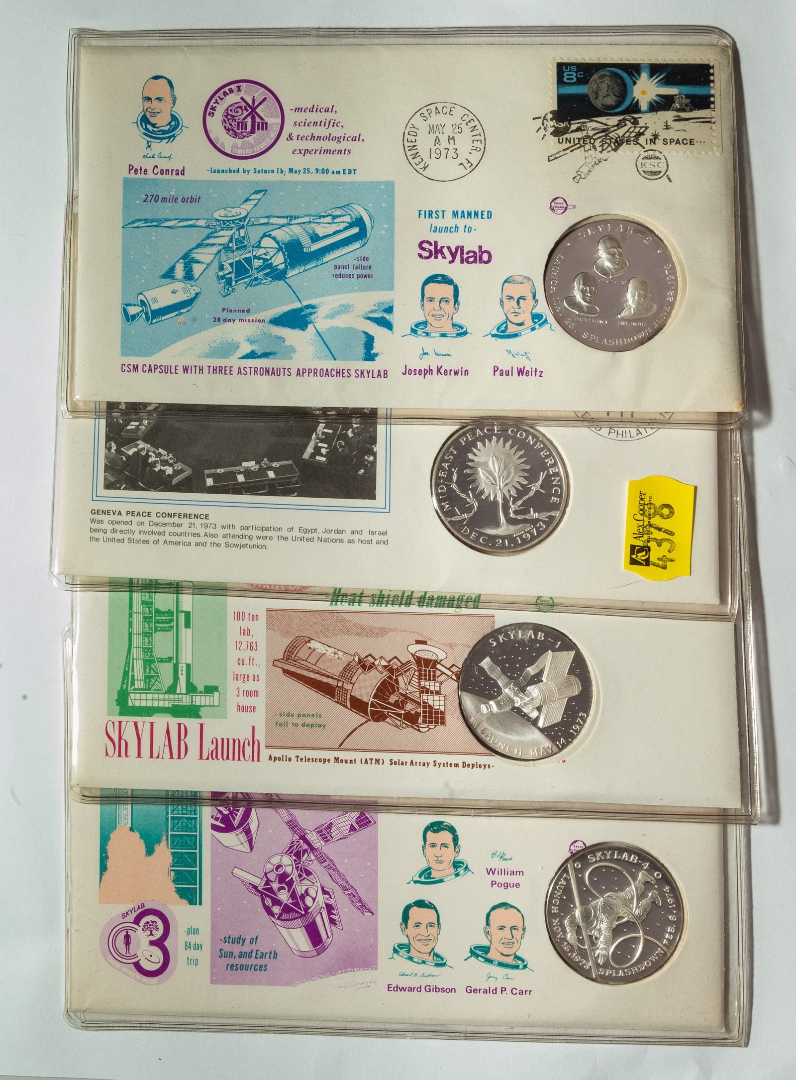 Appraisal: FOUR FIRST DAY COVERS WITH SILVER MEDALS Three Skylab covers