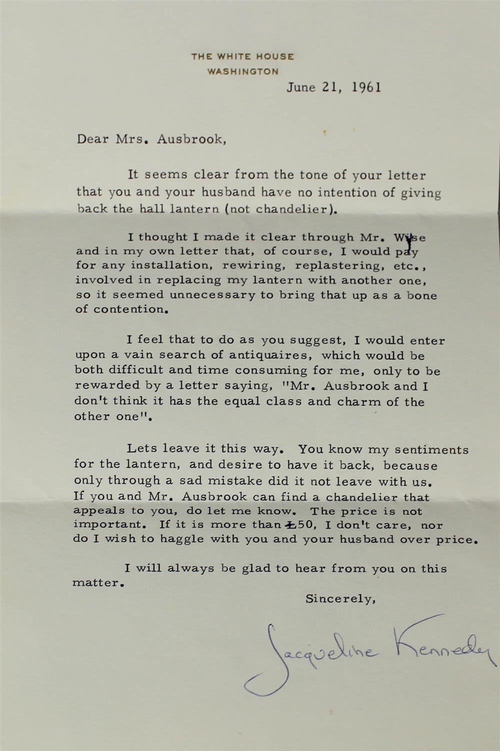 Appraisal: JACQUELINE KENNEDY TYPED LETTER SIGNED ONE PAGE typed letter signed