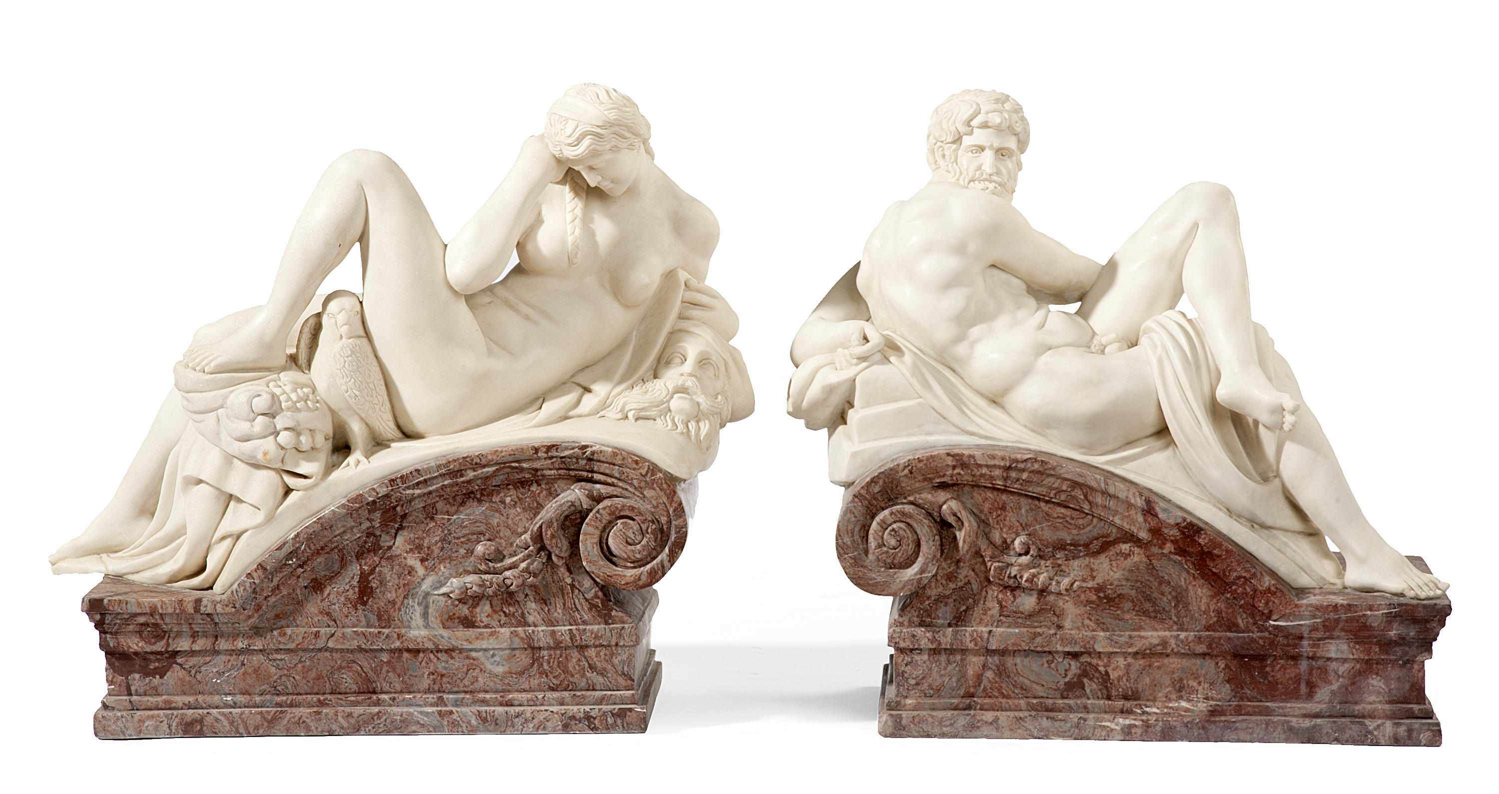 Appraisal: A pair of carved marble allegorical figures representing Night and