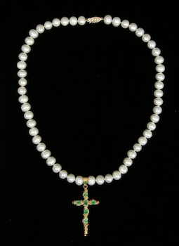 Appraisal: A Cultured Pearl Necklace with k Gold and Emerald Cross