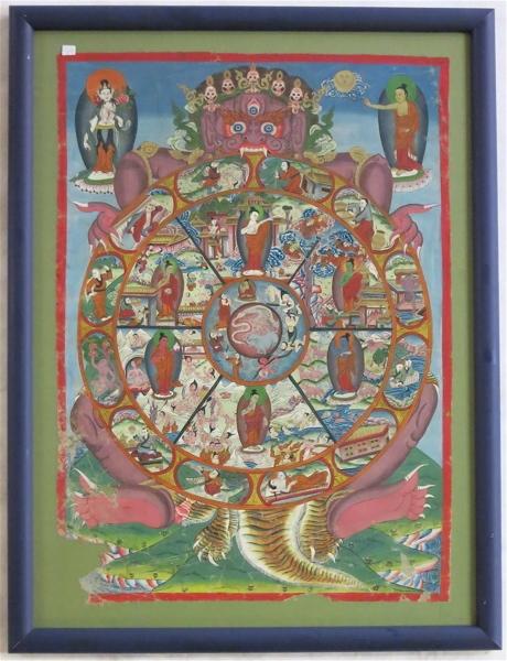 Appraisal: TIBETAN THANGKA hand painted on silk mandala design with Mahachakra