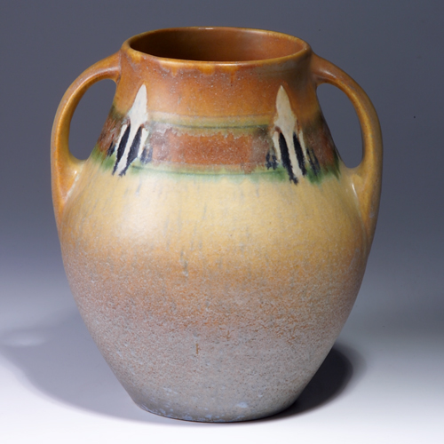 Appraisal: ROSEVILLE Brown Montacello bulbous vase Restoration to rim minor grinding