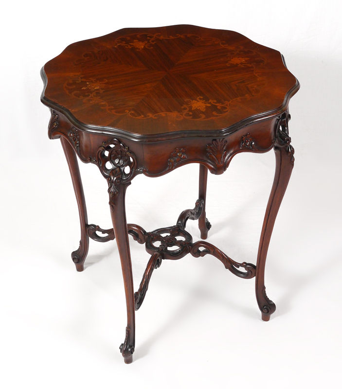 Appraisal: ART NOUVEAU MARQUETRY INLAID TABLE Early th century marquetry inlaid