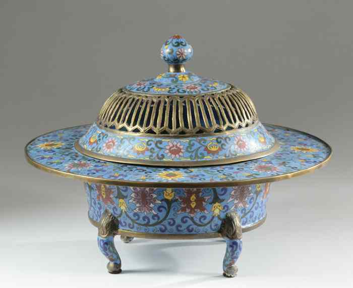 Appraisal: CHINESE CLOISONNE ENAMEL COVERED CENSOR The blue ground having colorful