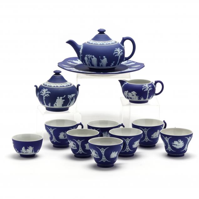 Appraisal: AN ASSEMBLED WEDGWOOD JASPERWARE TEA SET Mid- th century twelve