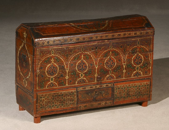 Appraisal: Algerian Polychrome Decorated Rouge Ground Wood Domed Coffer th Century