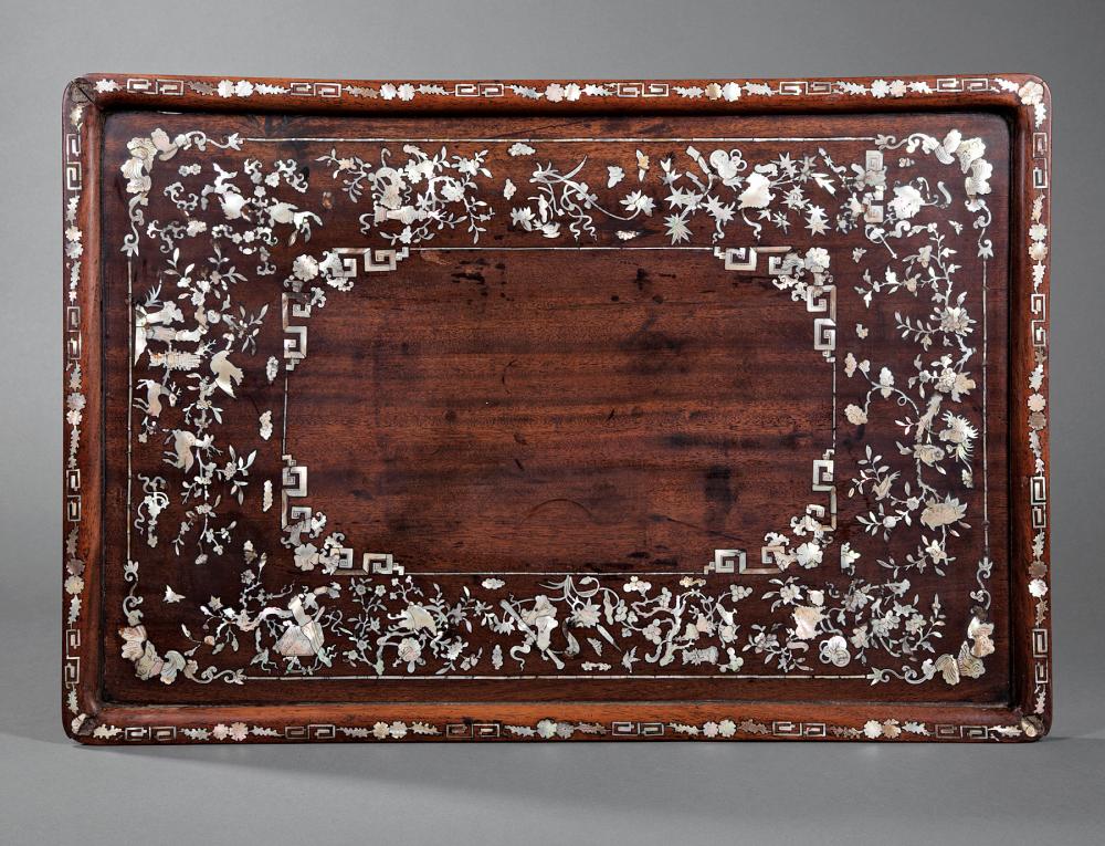 Appraisal: Chinese Mother-of-Pearl Inlaid Hardwood Tray th c inlaid with Buddhist