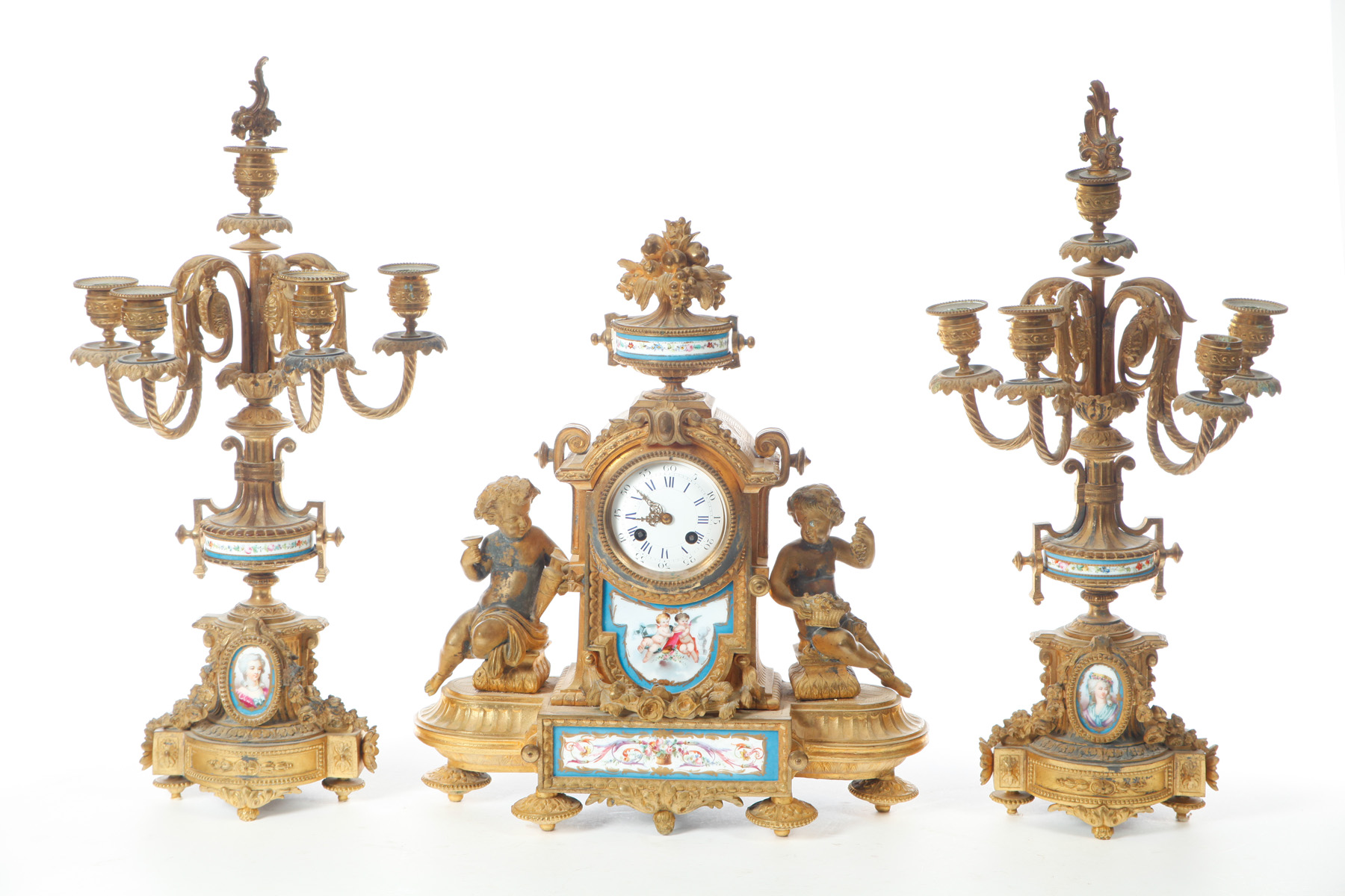 Appraisal: FRENCH CLOCK GARNITURE SET Second half- th century spelter Brass