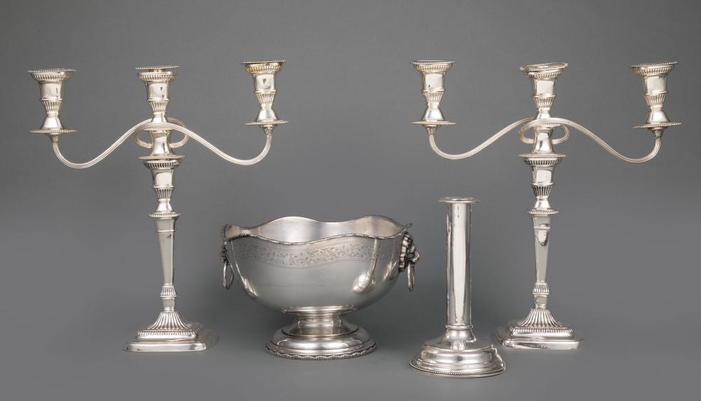 Appraisal: Pair of Ellis-Barker Silverplate Three-Light Candelabra in the Regency Taste