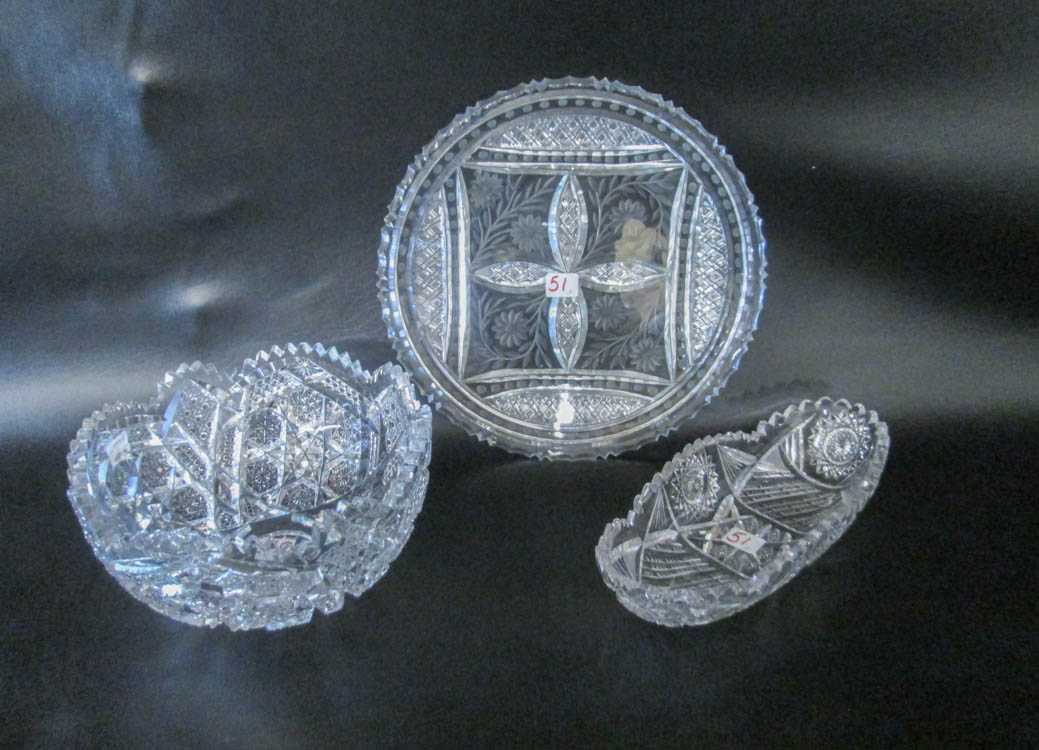 Appraisal: THREE CUT CRYSTAL TABLEWARE PIECES including a large serving bowl