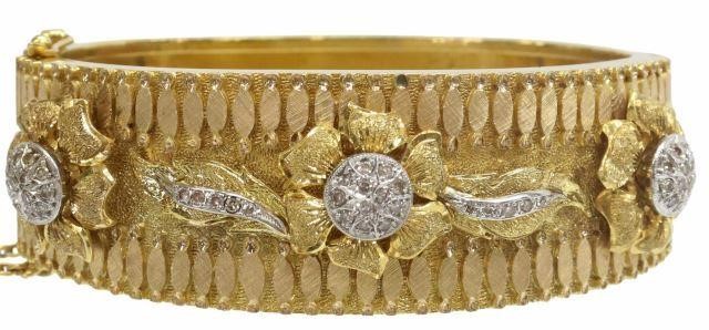 Appraisal: Estate kt yellow gold tested hinged cuff bracelet three rosettes