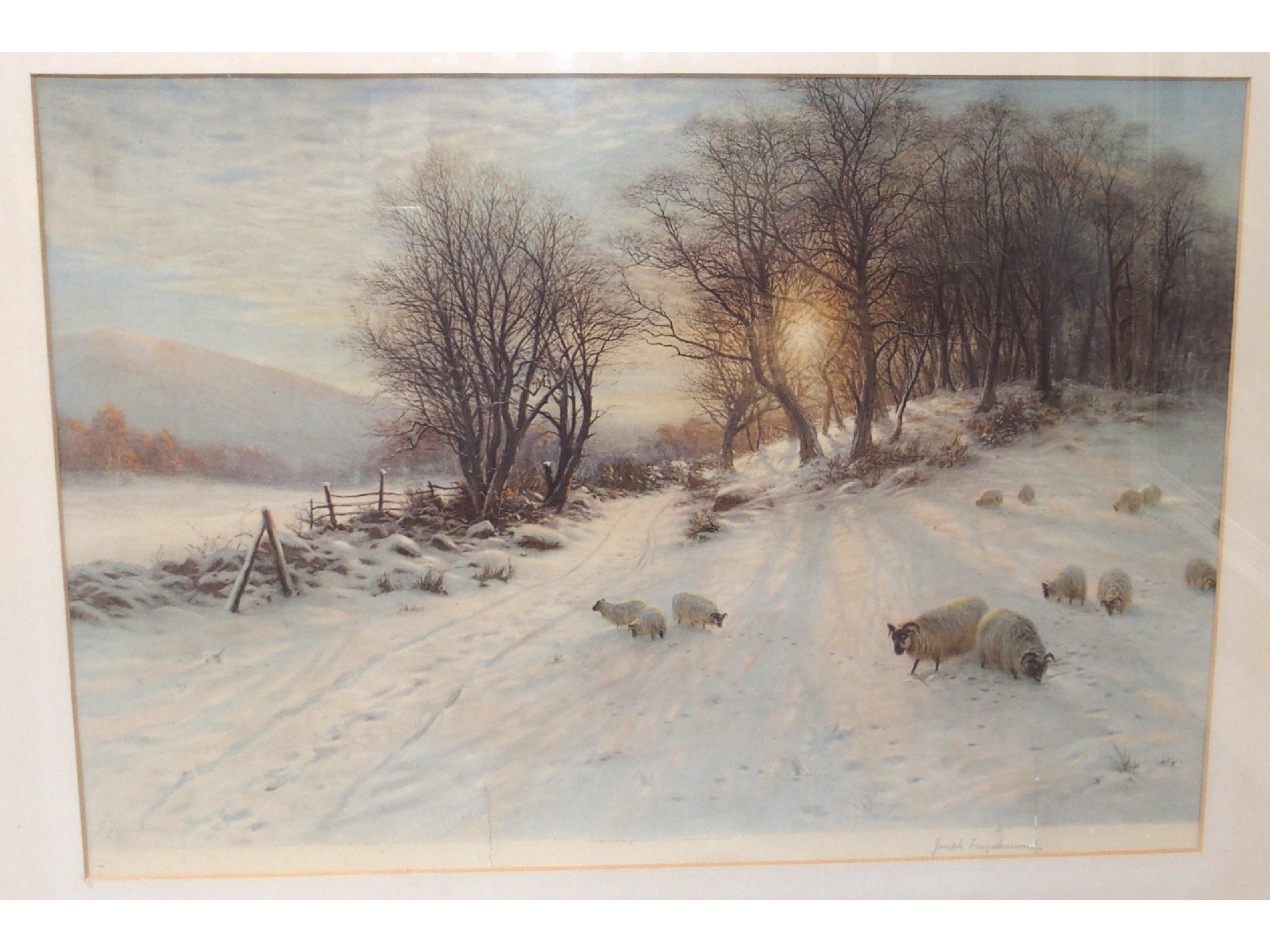 Appraisal: JOSEPH FARQUHARSON Sheep in winter landscape signed print Frederick Watson