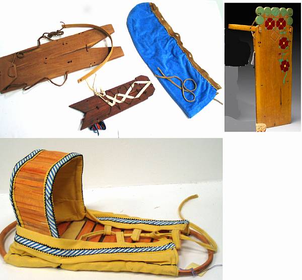 Appraisal: Five Native American cradles Including an Ojibwa carved and painted