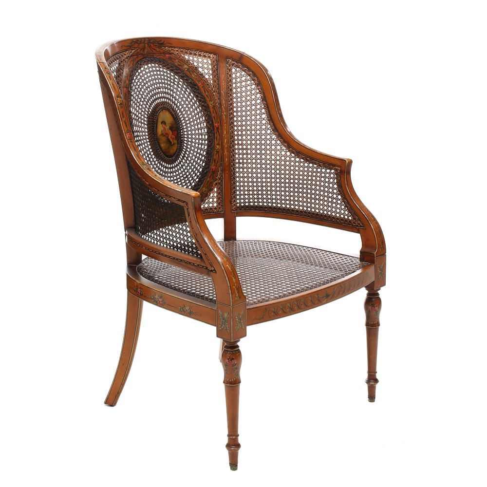 Appraisal: A FINE EDWARDIAN PAINTED AND CANED FRUITWOOD TUB CHAIR The