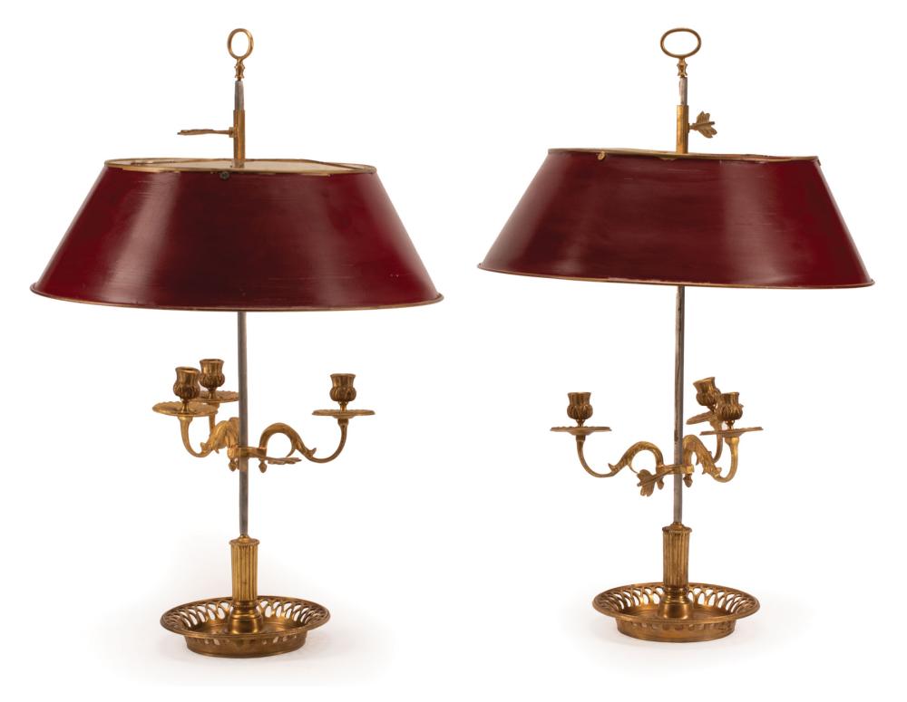 Appraisal: Pair of French Three-Light Bouillotte Lamps red tole shades adjustable