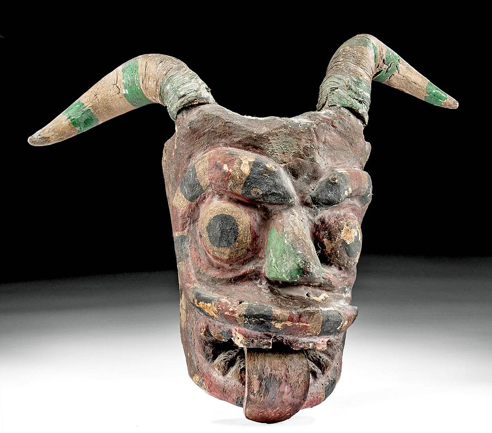 Appraisal: Vintage Guatemalan Painted Wood Devil Mask w Ram Horns Latin